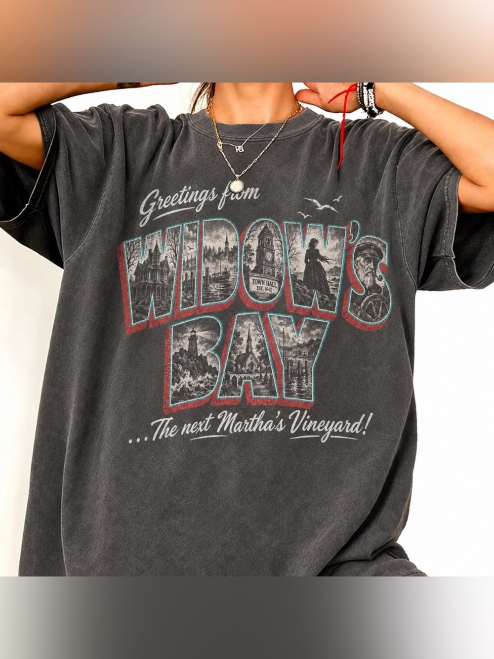 Comfort Colors Widow's Bay Graphic Tee - Pepper with Red & Teal Accents